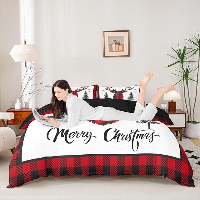 jejeloiu Christmas Bedding Set for Kids Boys Girls Xmas Deer Elk Antlers Comforter Cover Set King Size Buffalo Check Grid Duvet Cover Bedroom Decor Xmas Bedding Collection 3Pcs