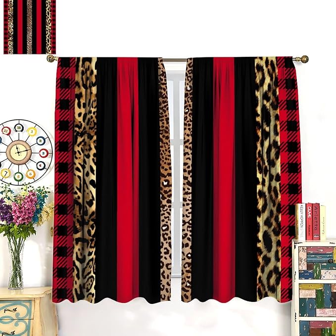 Leopard Skin Blackout Window Curtains, Brown Cheetah Red Black Plaid Stripe Print Window Drapes for Kids Boy Girls Bedroom Living Room 63" W X 63" L
