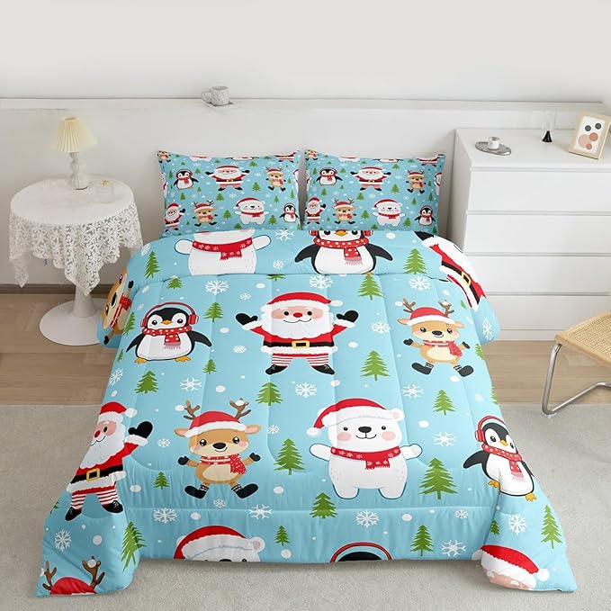 Feelyou Christmas Comforter Set Twin Size Santa Claus Bedding Set for Kids Boys Girls Penguin Deer Duvet Quilt Xmas Snowflake Tree Bedroom Decor Microfiber 2 Pcs with 1 Pillow Cases