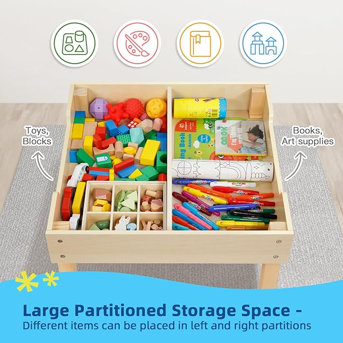 3 in1 Kids Table and Chairs Ages 3-7, Montessori Toddler Table and Chair Set with Versatile Tabletop and Storage Drawer, Kids Activity Desk for Home, Nursery and Playroom