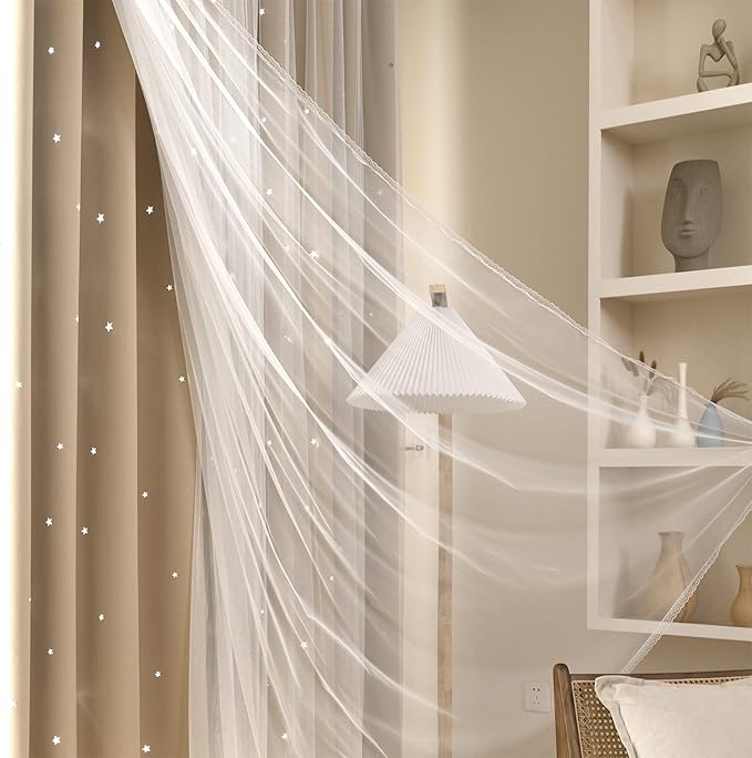 Kinryb Kids Blackout Curtains for Bedroom/Living Room/Classroom, Sheer Overlay Extra Long 2 Panel Set, Double Layer Curtains with Star Cutout for Kids Room(W 52 x L 108 Inches,Beige 2 Pcs)