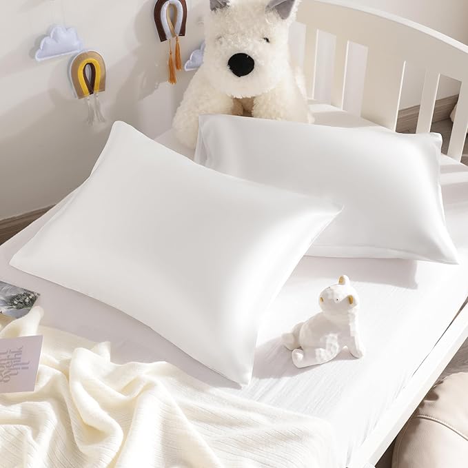 NTBAY Silk Satin Toddler Pillowcases, Small Pillow Case Pillow Cover 14x20 Inches with Envelope Closure, Soft and Silky Cooling Travel Pillow Covers for Nursery, Kids, Boys and Girls, White, 2 Pack