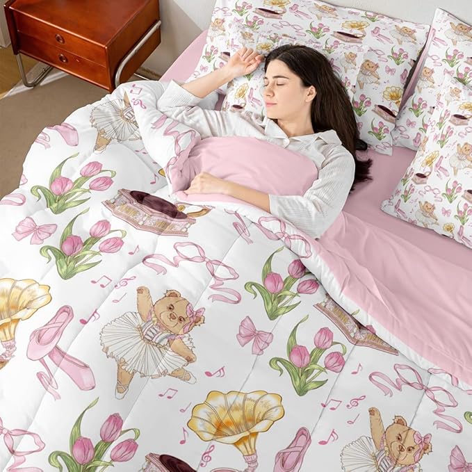Pink Bowknot Princess Comforter Twin Size,Ballet Shoes Bear Dancer Cartoon 7 Pcs Bedding Set,Tulip Flower Music Note Record Decor,Bow Tie Romantic （Fitted+Sheet+2 Pillowcases+2 Throw Pillow Covers）