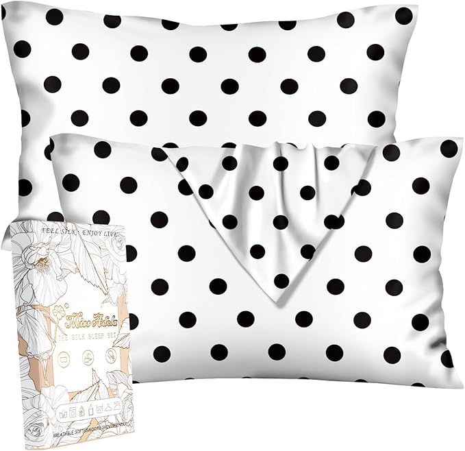 Silk Pillowcase 2 Pack - Pillow Cases 20" x 36" King Size Set of 2 for Hair and Skin Smooth Soft Breathable with Hidden Zipper Cooling Pillow Covers for Sleeping, White Black dot