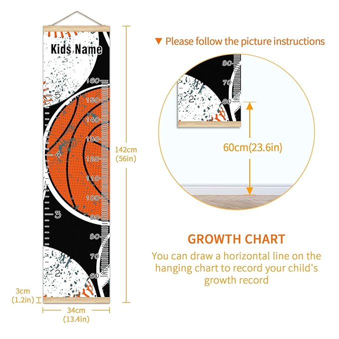 Personalized Kids Name Growth Chart Ruler for Wall Wood Frame Height Measure Chart 13.4x56 in Linen Hanging Height Growth Chart Balls Kids Room Decor