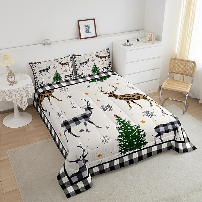 Kids Deer Silhouette Comforter Set Full Size,Snowflake Pine Trees Bedding,Girls Boys Adults Bedroom/Xmas Cabin Decor,Geometric Grids Plaid Down Comforter,Rustic Farmhouse Duvet Insert,2 Pillowcases