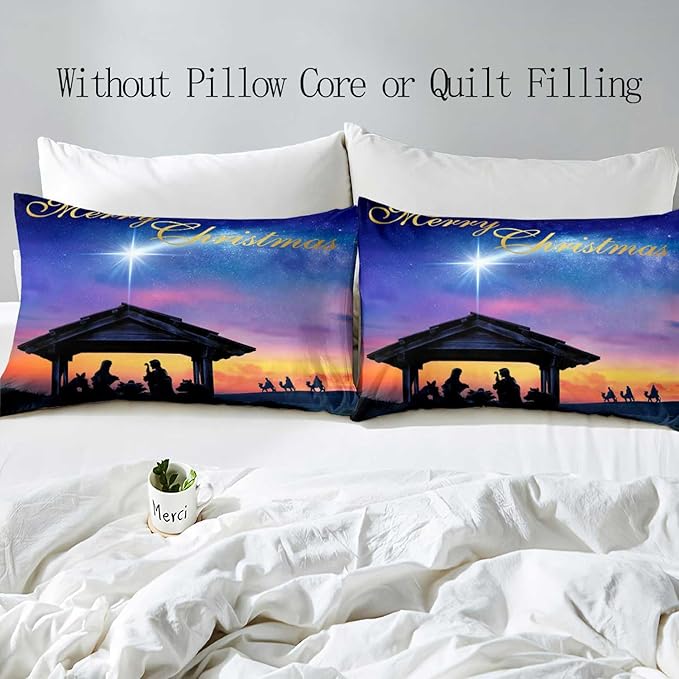 LUVIVIHOME 2PCS Christmas Duvet Cover Twin Bedding Sets, Purple Blue Galaxy Sunset Manger Nativity Scene O Holy Night Winter Holiday Xmas Christmas Comforter Quilt Cover, Bed in a Bag, 1 Pillow Sham