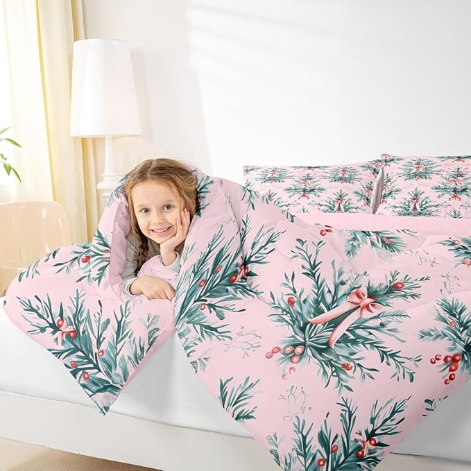 Feelyou Merry Christmas Kids Comforter Set Toddler Size Green Xmas Tree Bedding Set Pink Bow Duvet Quilt for Kids Boys Girls Bedroom Decor Microfiber Ultra Soft Breathable