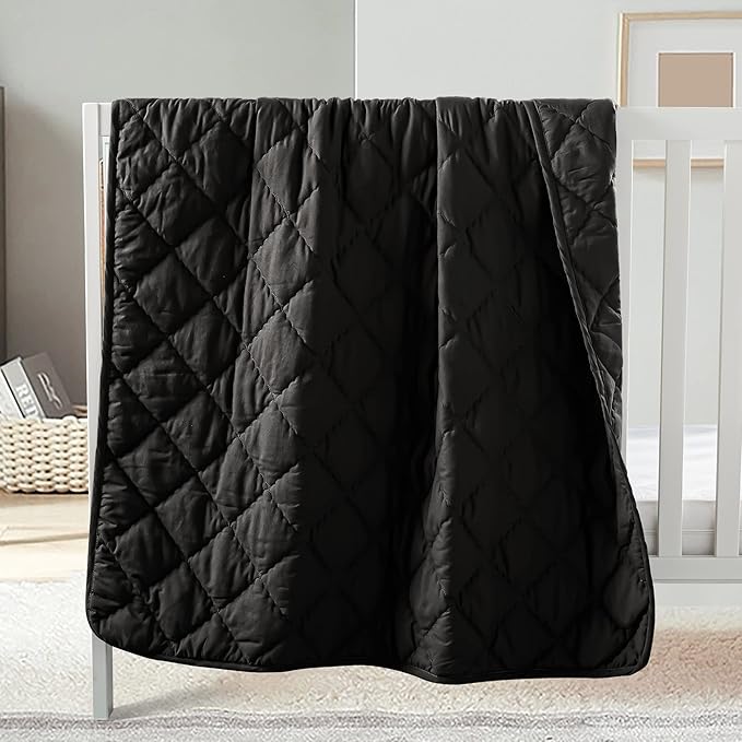 FLXXIE Machine Washable Microfiber Down Alternative Toddler Comforter, Super Soft and Lightweight Kids Crib Quilted Blanket for Stroller, Travel, 39x47 Inches, Black