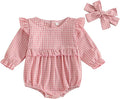 Karuedoo Newborn Baby Girl Clothes Gingham Plaid Bubble Romper Long Sleeve Ruffle Bodysuit with Headband Spring Fall Outfit