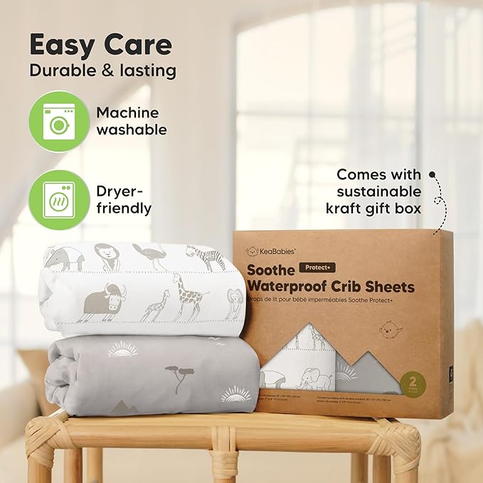 2-Pack Waterproof Crib Sheets for Girl, Boy - Organic Cotton 52X28 Fitted Crib Sheets Neutral, Crib Mattress Protector Sheets, Soft Toddler Bed Sheets,Washable Infant Fitted Baby Crib Sheets(Savannah)