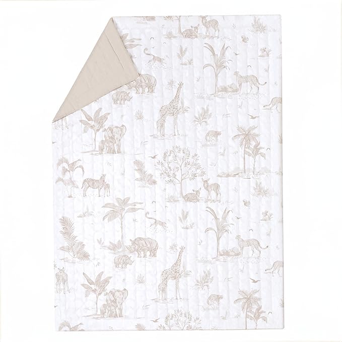 MakeMake Organics Organic Toddler Comforter GOTS Certified Organic Kids Blanket Cotton Infill Tufted - Reversible Ultra Soft Breathable Boys Girls (44"x60", Safari + Solid Oat)