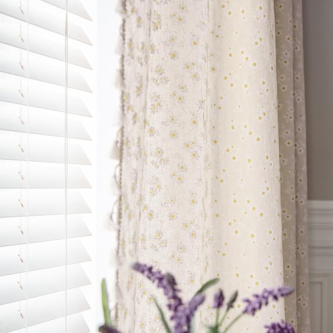 ENJOYBRIDAL Floral Curtains 96 Inch Length 2 Panels Tassel Drapes Rod Pocket Semi-Sheer Boho Daisy Bedroom Living Room Farmhouse Rustic Bohemian Window Curtain Panels