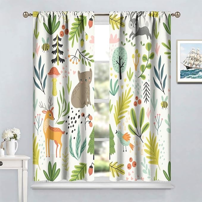 Kid Forest Animal Curtains,Woodland Animal Cartoon Watercolor Forest Hedgehog Fox Toddler Boys Girls Bedroom Living Room Window Drapes 84x84in