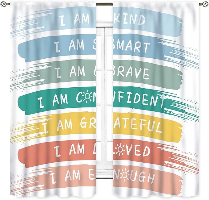 Rainbow Curtains for Classroom, Kids Girls Baby Boho Cute Inspirational Motivational Quotes Cartoon Colorful Pastel Nursery Classroom Bedroom Living Room Bathroom Window Drapes 2 Panels, 42"x54" Inch