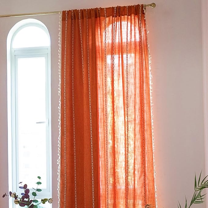Deeprove Orange Boho Curtains 96 inches Long with Tassel for Bedroom Living Room, Bohemian Embroidery Farmhouse Cotton Linen French Country Window Treatments Fall Halloween Decor, W52 x L96, 1 Panel