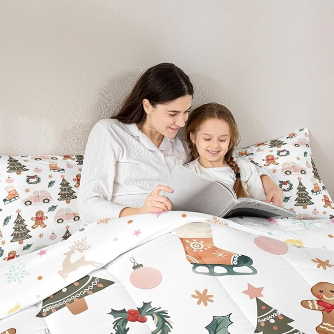 Feelyou Xmas Tree Car Comforter Set All Season Gingerbread Man Bedding Set with 2 Pillow Cases Garland Microfiber Kids Full Bedclothes Bedroom Decor Duvet Quilt Breathable Soft
