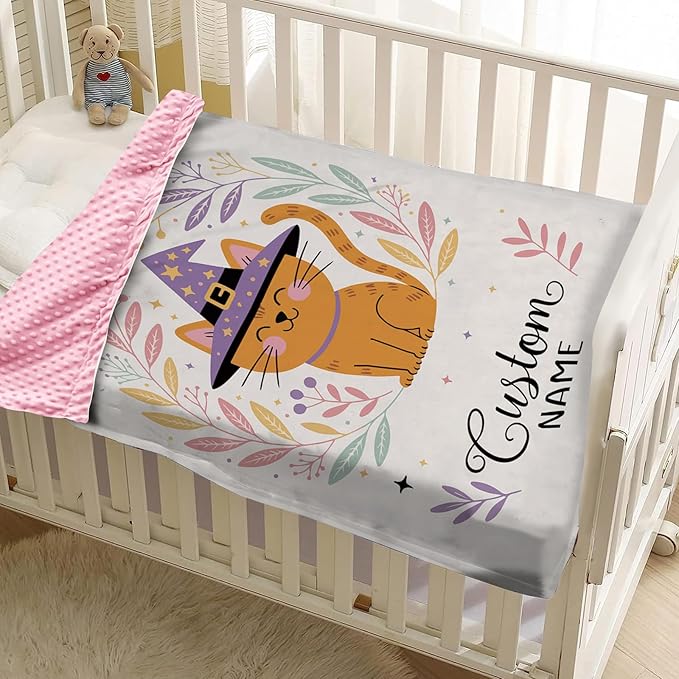 Personalized Halloween Blanket for Baby Girls, Custom Baby Blanket with Name, Cat Design Soft Minky Dot Blanket, Halloween Decor Christmas Birthday Gifts for Kids Toddlers