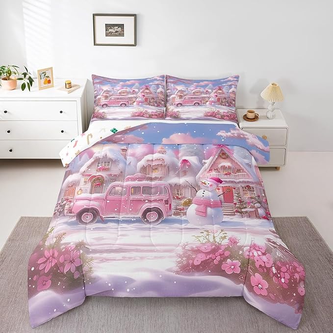 Manfei Christmas Comforter Set Full Size, Pink Truck Flower Snowman Bedding Set for Kids Girls Room Decor, New Year Theme Down Comforter, Lightweight Duvet Insert, 2 Pillowcases