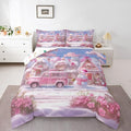 Manfei Christmas Comforter Set Queen Size, Pink Truck Flower Snowman Bedding Set for Kids Girls Room Decor, New Year Theme Down Comforter, Lightweight Duvet Insert, 2 Pillowcases