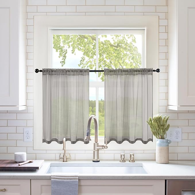 MIULEE 2 Panels Kitchen Tiers Half Window Sheer Curtains Rod Pocket Voile Drapes for Kitchen Bathroom Small Windows 29 by 36 Inch Grey