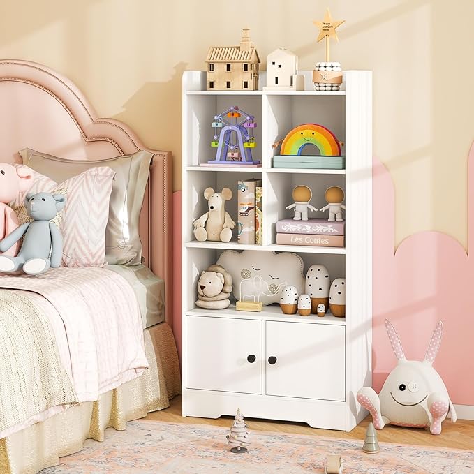 Costzon Kids Toy Storage Cabinet, 47.5" Tall Bookcase w/ 5 Open Compartments & 2 Doors, Multifunctional Display Shelf Home Organizer for Playroom, Nursery, Bedroom, Living Room, Study (White)