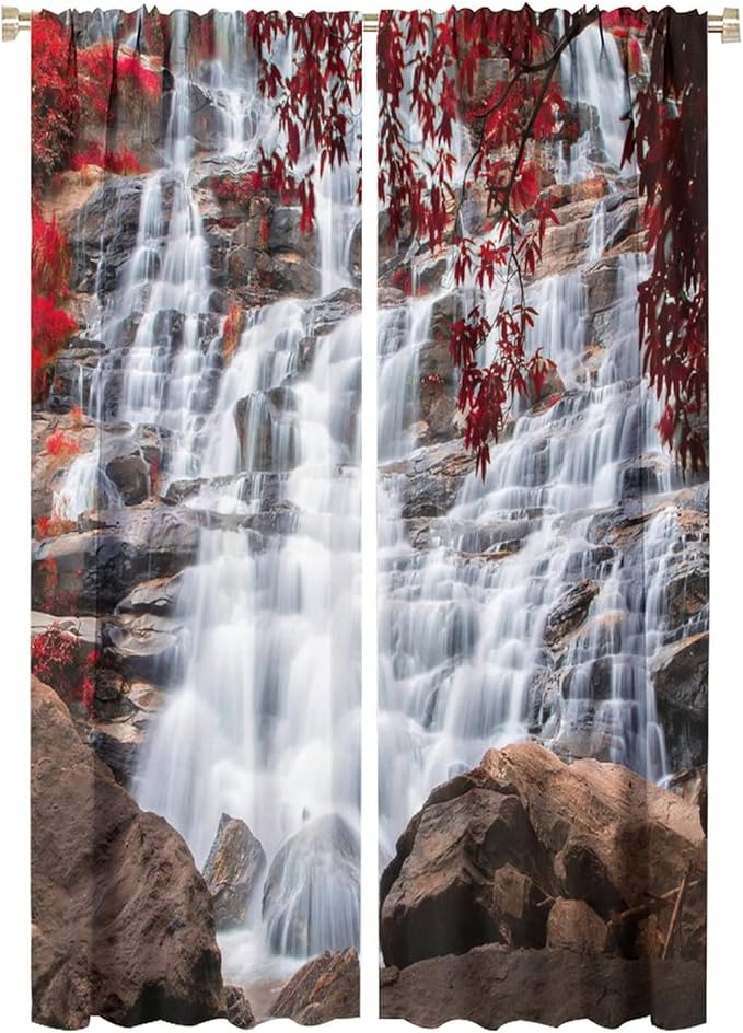 Waterfall Blackout Windows Curtains, Waterfall Red Forest Pattern Nature View Curtains, for Living Room Bedroom 52x84in 2 Panels