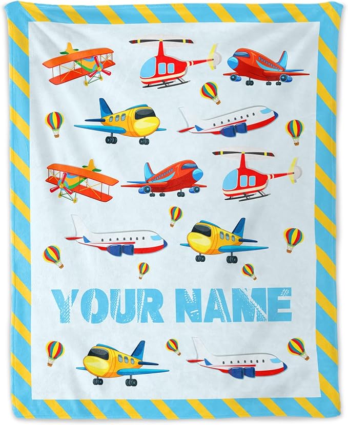 Personalized Airplane Throw Blanket Gift - 30" x 40" Inches Lightweight Warm Blanket for Lap, Couch, Office - Blue Cartoon Throw for Boys Kids