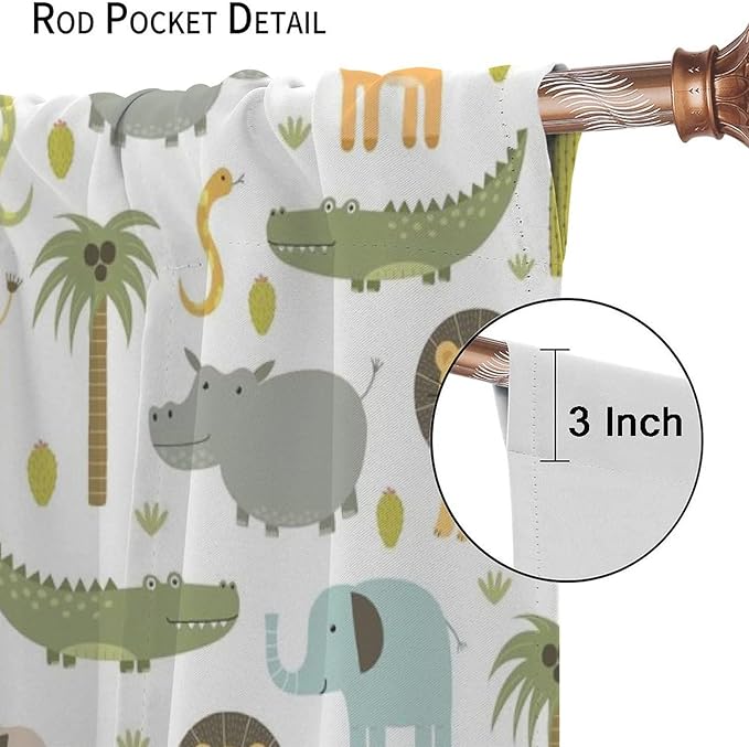 Nursery Safari Animals Window Curtains,Cartoon Woodland Jungle Forest Lion Elephant Giraffe Printed Pattern Blackout Drapes for Living Room Baby Boy Kids Bedroom 42x45 Inch