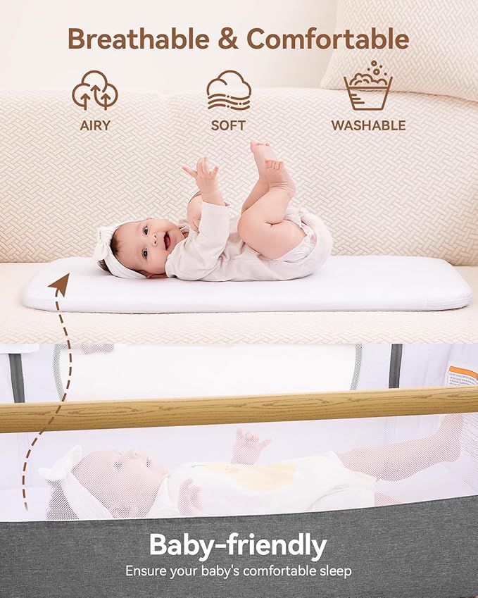 Larex Baby Bassinet Bedside Sleeper for Baby, Baby Crib Bed for Newborn Infant, Bedside Bassinet with Wheels, 5 Adjustable Height, Mosquito Net, Breathable Mattress and Mesh, Storage Basket and Bag