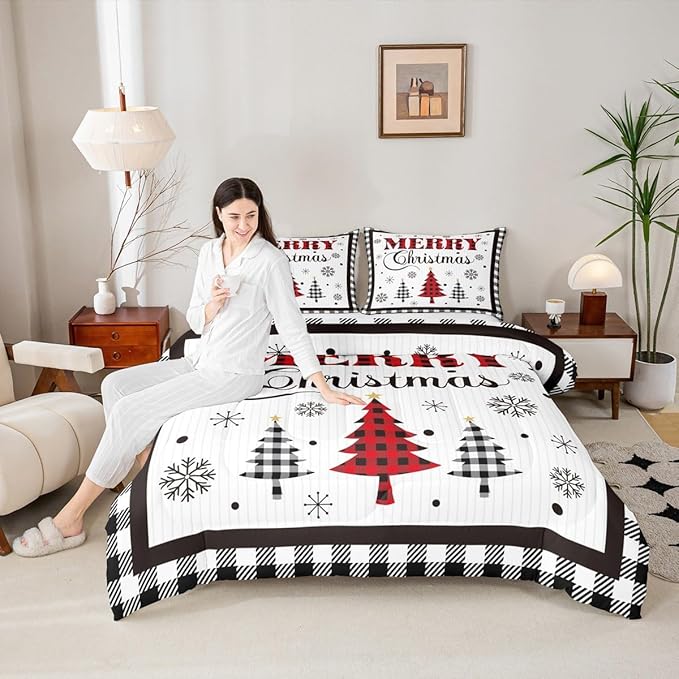 Merry Christmas New Year Kids Comforter Set Queen Size,Snowflake Pine Trees Bedding,Girls Boys Adults Bedroom/Xmas Cabin Decor,Grids Geometric Fashion Down Comforter,Rustic Duvet Insert,2 Pillowcases