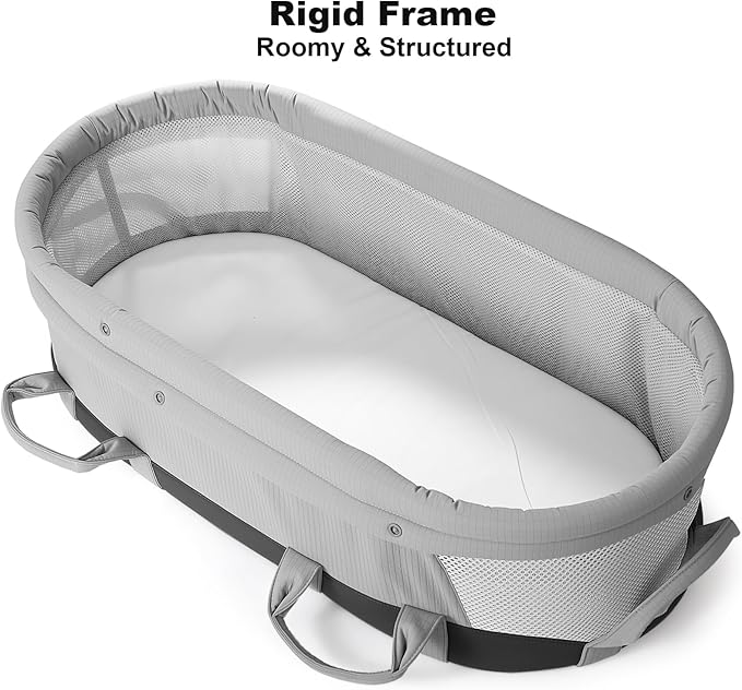 SUNVENO Handheld Portable Baby Bassinet with Removable Canopy, Foldable Travel Cradle, 6 Carry Handles, Breathable Mesh & Water-Resistant Base, Newborn Indoor/Outdoor Travel Bed