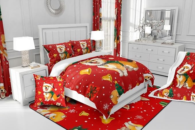 Cartoon Dog Comforter Set Queen Size,Bell Christmas Tree Star Snowflake Bedding Set for Kids Boys Girls Room Decor,Cute Corgi Xmas Theme Duvet Insert 3Pcs,Merry Christmas Red Quilt Set,2 Pillowcases