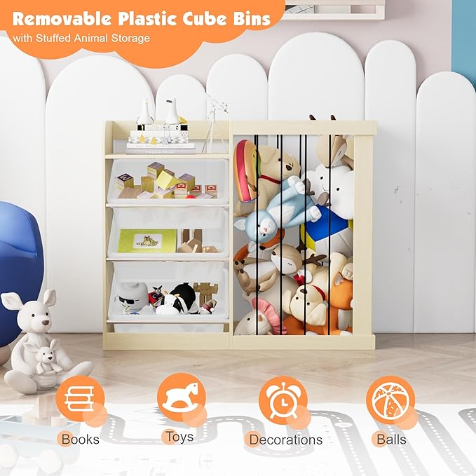 NACHES Kids Toy Organizer and 4-Tier Montessori Bookshelf with 3 Bins, 3-in-1 Toy Shelves and Stuffed Animal Storage for Playroom, Nursery, Baby Room (Burlywood)