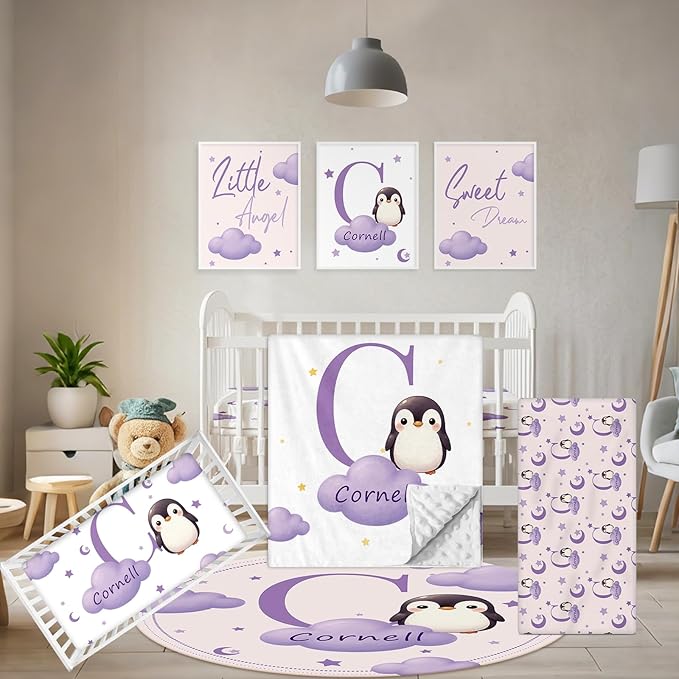 Custom Baby Bedding Set, 5 Pcs Personalized Baby Crib Sets with Name, Toddler Bedding Set for Baby Girl Boy, Purple Penguin Double Layer Nursery Bedding Set, Customized Gift for Infant Newborn