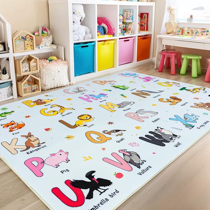 Kids Rugs for Playroom, 7x9 Feet Educational Rug for Learn The ABC Alphabet, Soft Machine Washable Non-Slip Cute Cartoon Animals Carpet for Classroom Toddler Nursery Kids Room Decor, Blue