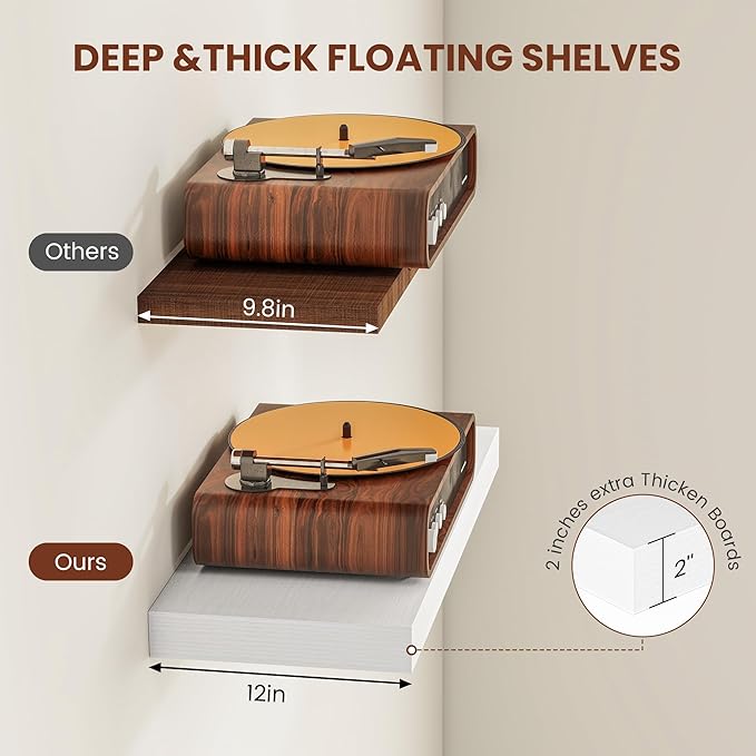 Vivelove 12 Deep Floating Shelves for Wall, 24/36/48/55 Inch Shelves for Room Wall Mounted, 2" Thick Floating Shelf for Living Room Bedroom Bathroom Kitchen Laundry Room, Set of 2 White
