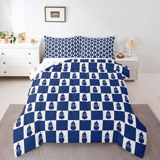 Feelyou Christmas Comforter Set All Season Checkered Bedding Set with 2 Pillow Cases Snowman Kids Queen Bedclothes Xmas Decorations Bedroom Decor Blue Duvet Quilt Breathable Soft Lightweight