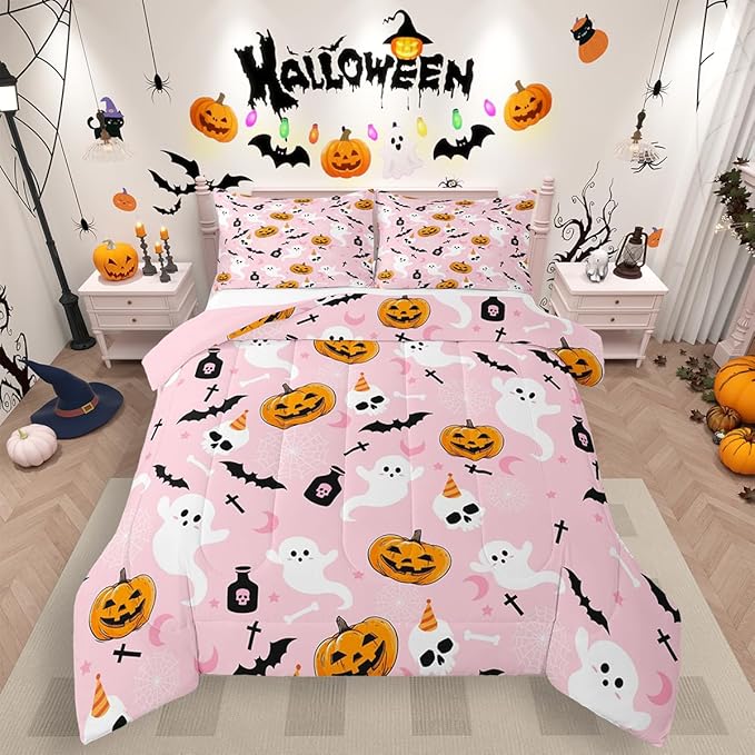 Erosebridal Pink Halloween Comforter Set Cute Ghost Bedding Set Twin Size,Spooky Pumpkin Bat Decor Quilt for Kids Boys Girls Adults Vintage Halloween Decorations Down Comforter