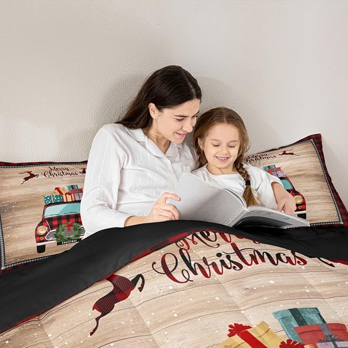Castle Fairy Christmas Plaid Truck Bedding Set for Boys Girls,Snowflake Deer Red Plaid All Season Cozy Comforter Set Full Size,Rustic Farmhouse Brown Wooden Duvet Set Bedroom Decor,Festival Gifts