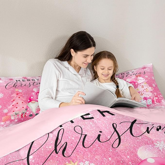 Castle Fairy Girly Christmas Full Size Comforter Set,Pink Gnome Xmas Pine Trees Gift Bedding Comforters Bedroom Collection,Snowflake Stars Glitter Sparkling Bedding Set for Girls Teens