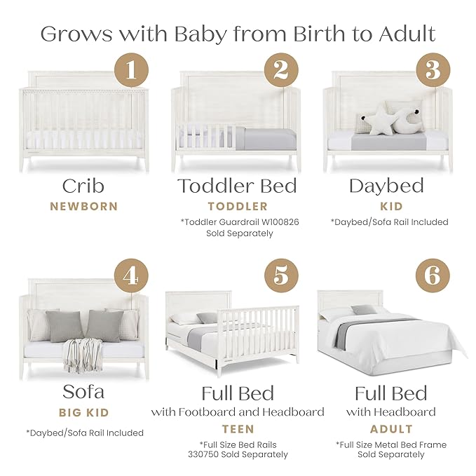 Delta Children Kendall 6-in1 Convertible Crib - Converts from Baby Crib to Toddler Bed, Daybed, Sofa Bed and Full-Size Bed with and Without Footboard, Fits Full-Size Crib Mattress, Antique White