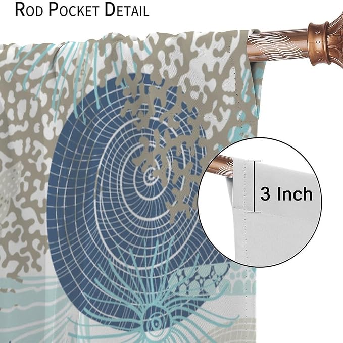 Shell Blackout Curtains Beach Shells Marine Life Water Grass Pattern Printed Curtains Suitable for Living Room Bedroom Privacy Curtains 84x84 Inches