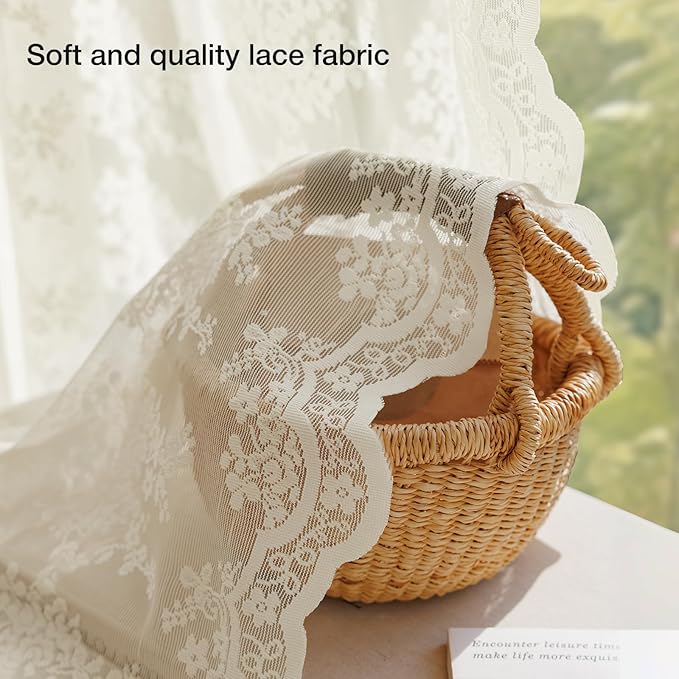 Anmao Vintage Lace Curtains 63 Inches Long 2 Panels Set, Romantic Elegant Light Filtering Semi Sheer Floral Thick Lacy Curtain Drapes for Living Room and Bedroom, Each Panel 55W x 63L, Ivory