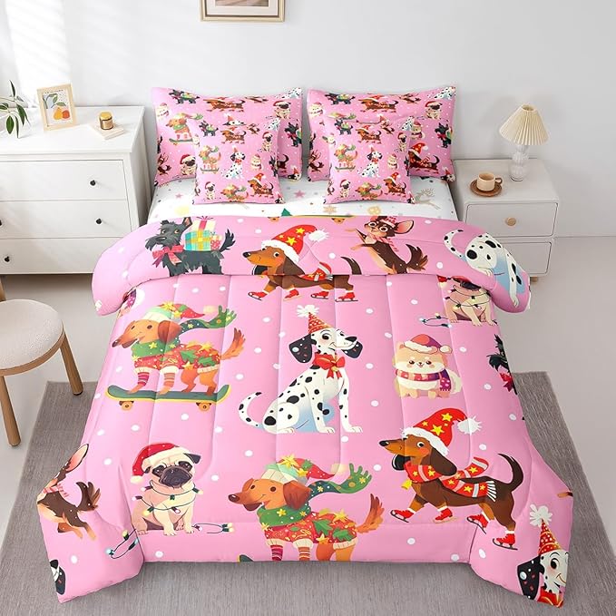 Feelyou Xmas Dog Bedding Set Cute Dog Christmas Style Comforter Set with Sheets 3D Animal Bed in a Bag for Boys Girls Children Teens Bedroom Decor Pink Bed Set 7Pcs King Size