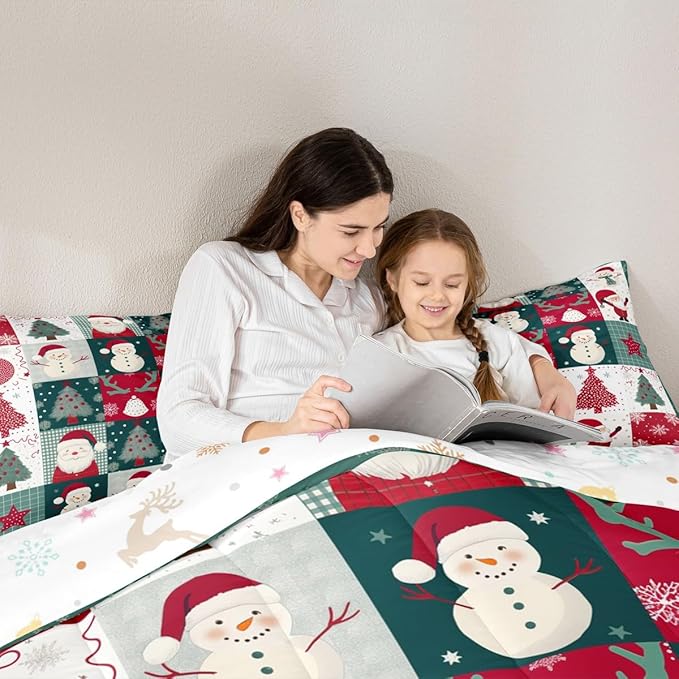 Feelyou Merry Christmas Comforter Set All Season Xmas Tree Snowman Bedding Set with 2 Pillow Cases Santa Claus Microfiber Kids Full Bedclothes Patchwork Bedroom Decor Duvet Quilt Breathable Soft