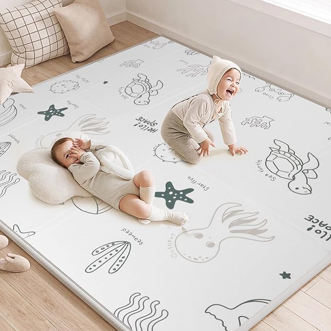 79x71 Baby Play Mat Foldable, Thick 0.8 Inch XPE Foam Waterproof, Extra Large Crawling Mat for Floor Kids Infant Training Non-Slip Reversible