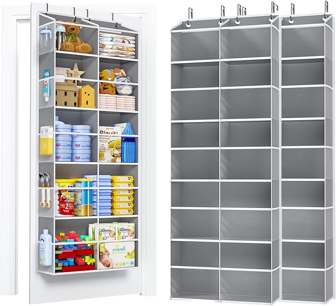 5-Tier Over The Door Organizer with 10 Side Mesh Pockets & Clear Windows, 80 lb Weight Capacity Hanging Storage for Bathroom, Bedroom, Nursery, Kitchen, Organizer Toys (Grey Clear wind 2 Pack)