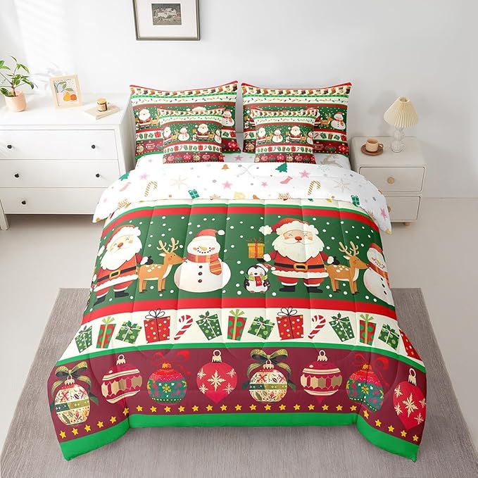 Feelyou Christmas Santa Claus Comforter Set with Sheets Cartoon Stockings Deer Bedding Set for Kids Boys Girls Teens Decor Christmas Snowflake Bed in a Bag Kawaii Bed Set 7Pcs King Size