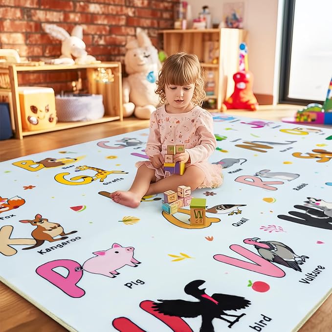 Kids Rugs for Playroom, 5x7 Feet Educational Rug for Learn The ABC Alphabet, Soft Machine Washable Non-Slip Cute Cartoon Animals Carpet for Classroom Toddler Nursery Kids Room Decor, Blue